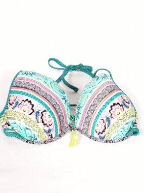 Shade & Shore Swim Bikini Top 34DD Green Yellow Purple Geo Stripe Push Up Paddin
